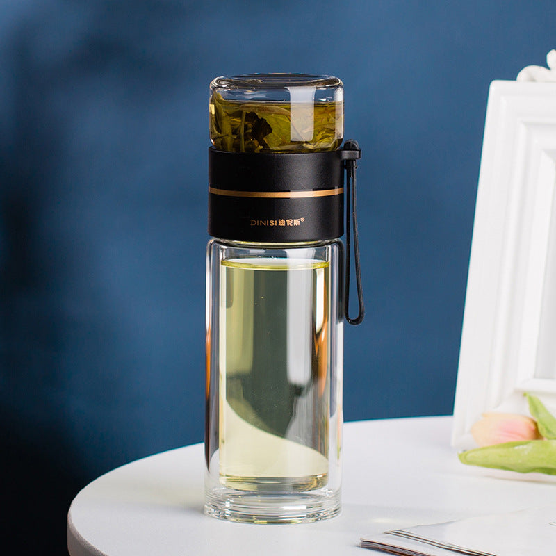 Double-Walled Glass Water Bottle with Tea Infuser – Leak-Proof Premium