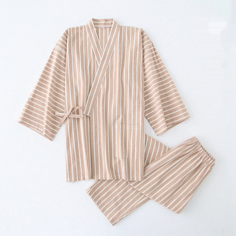 Kimono Pyjama Set Baumwolle | Gestreift Damen Herren Loungewear