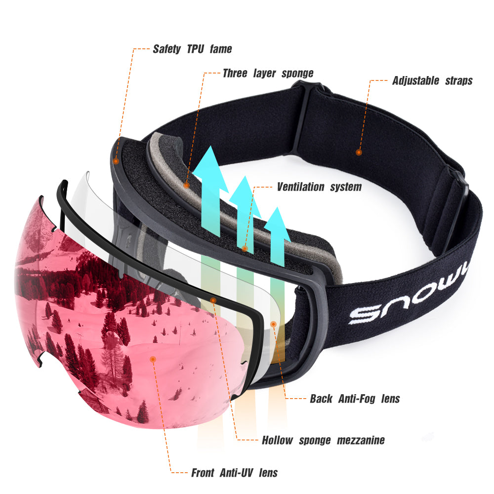 Double Lens Anti-Fog Ski Goggles | UV400 Protection Ski & Snowboard Goggles OTG