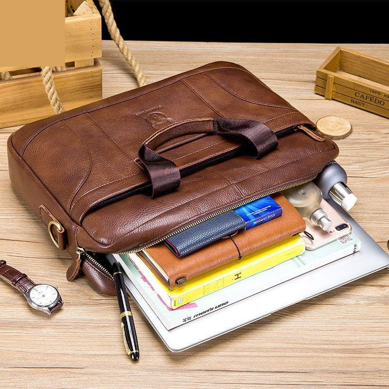 Men's Luxury Full-Grain Leather Briefcase XXL Business Bag with Large Storage Capacity