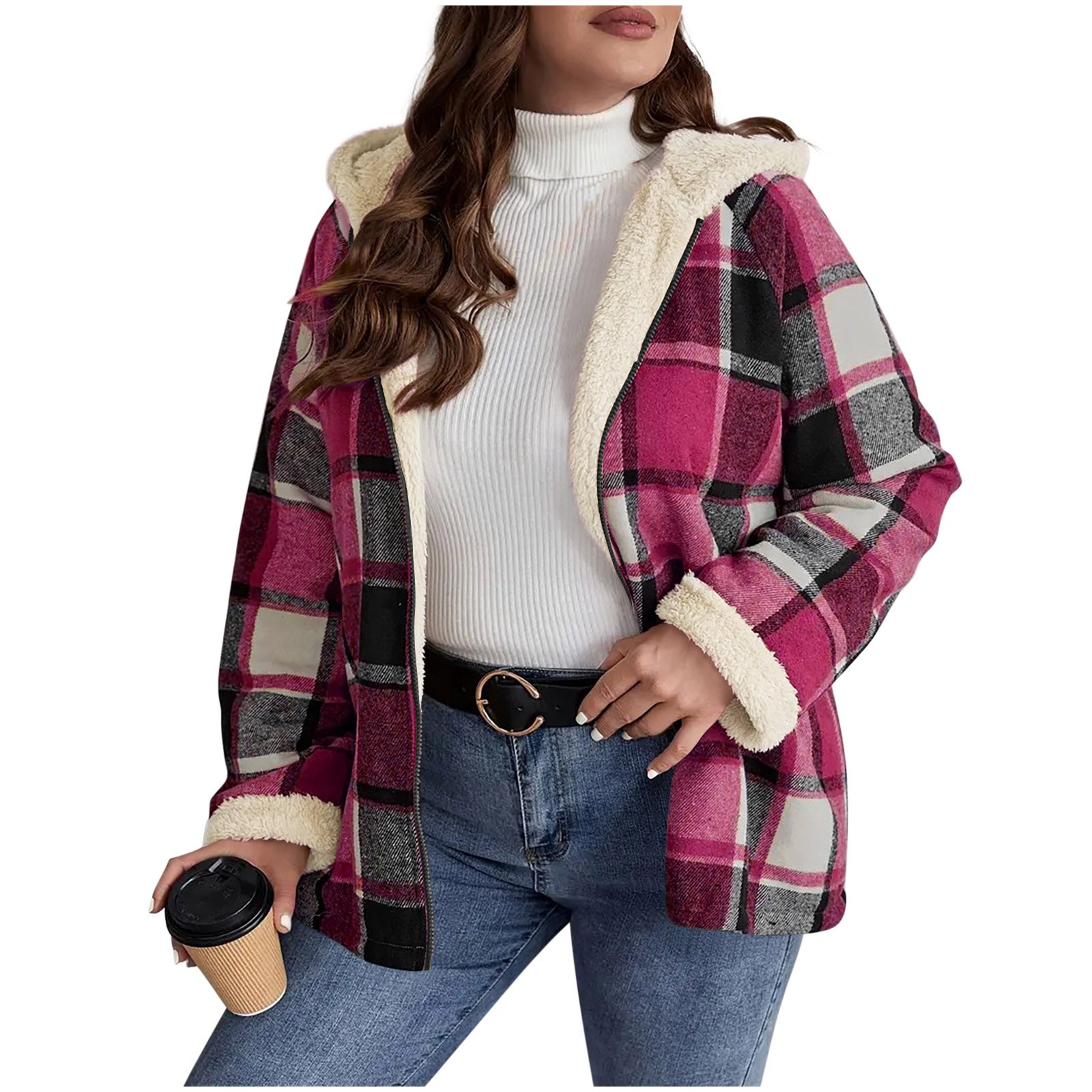 Checkered women's coat with hood | Warm winter jacket