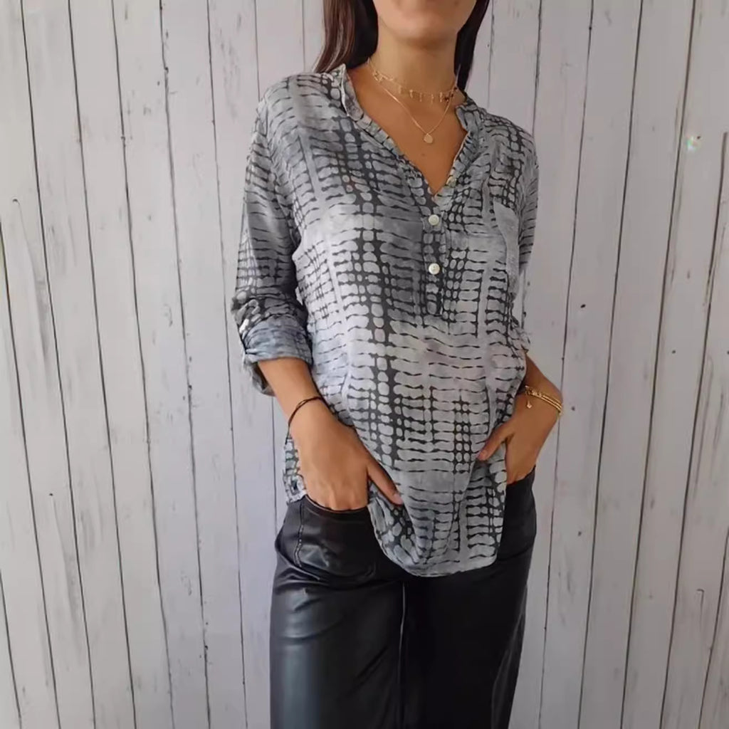 European and American V-neck Half Button Plaid Shirt Half Sleeve Sequined Pocket Button