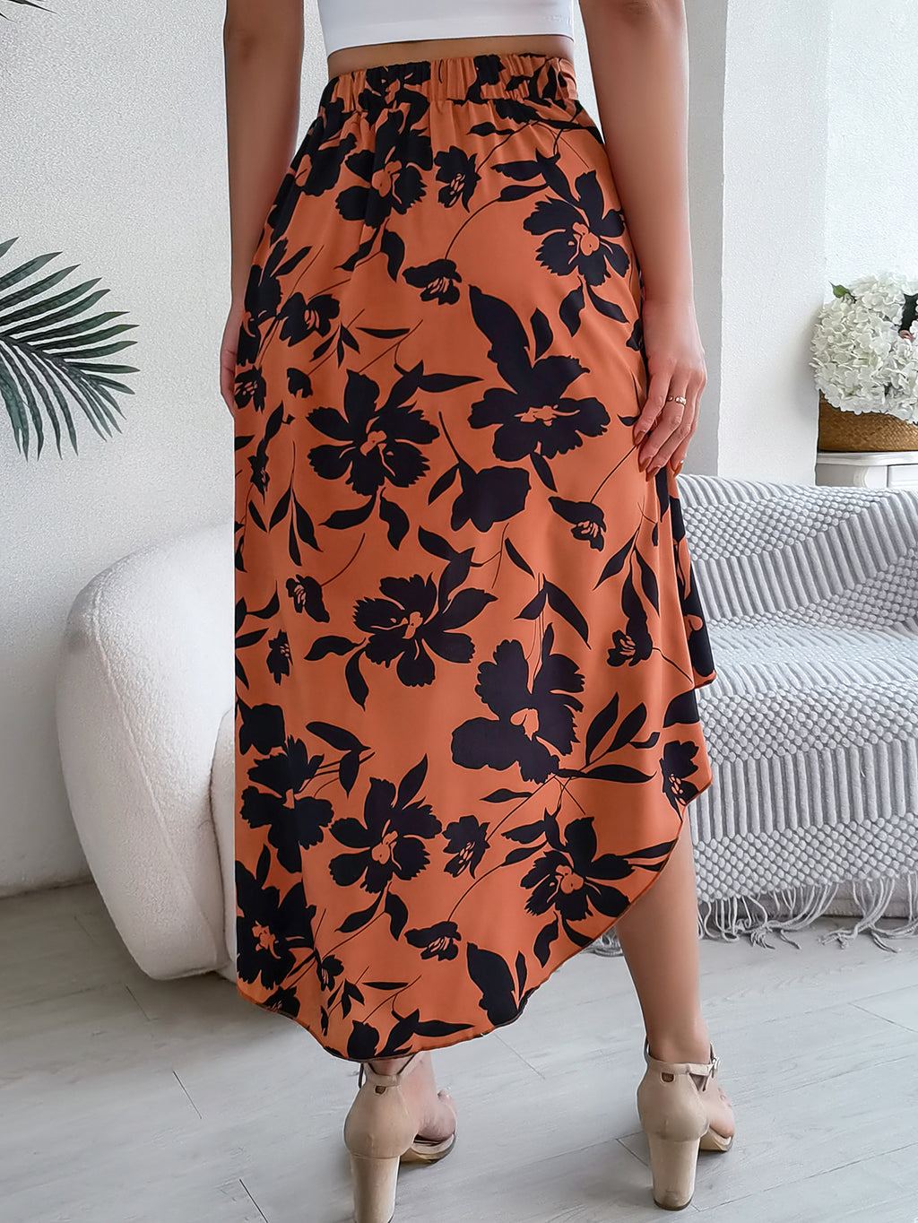 Eleganter Blumenprint Midirock – Asymmetrischer Rüschen Damen Rock