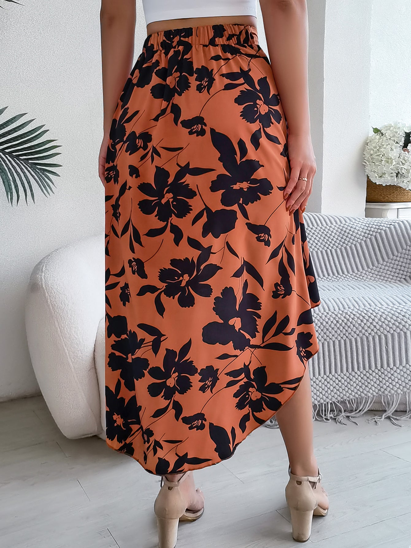 Eleganter Blumenprint Midirock – Asymmetrischer Rüschen Damen Rock