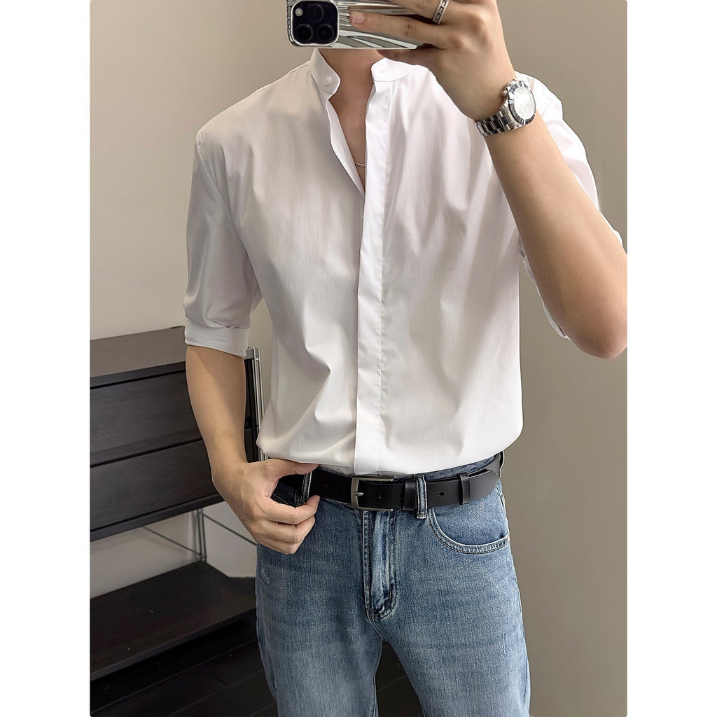 Men's Stand-Up Collar Shirt | Short Sleeve Summer Shirt Modern Elegant