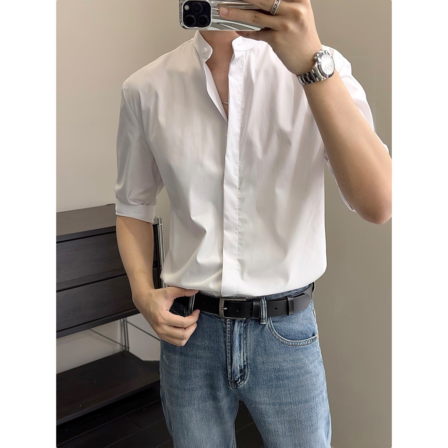 Men's Stand-Up Collar Shirt | Short Sleeve Summer Shirt Modern Elegant