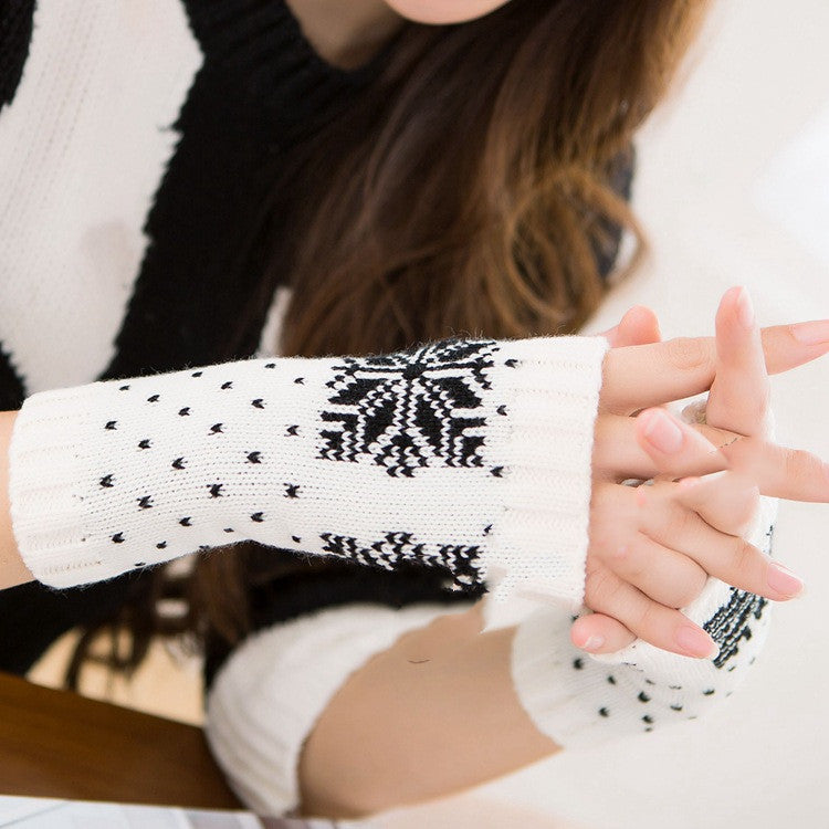 Damen Halbfinger Strickhandschuhe – Schneeflocke Weihnachtsdesign