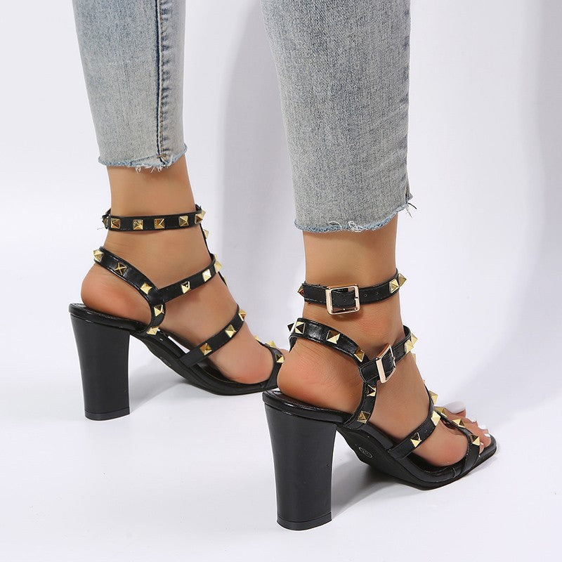 Damen Gladiator Sandalen mit Nieten | Square Toe High Heels