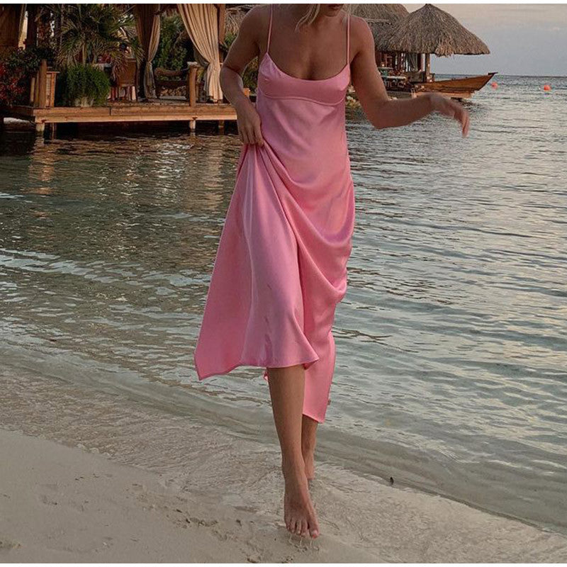 Elegant Satin Spaghetti Strap Maxi Dress – Backless Summer & Party Dress