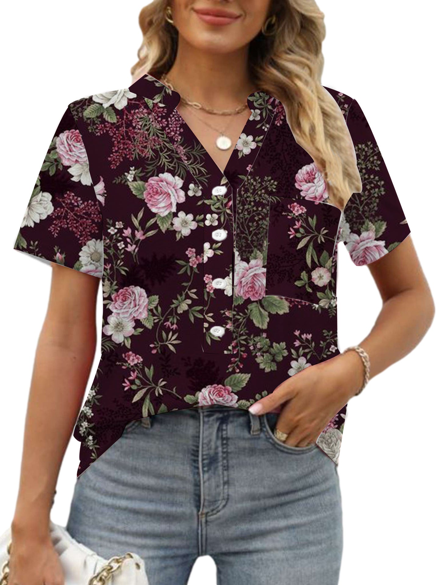 Damen Blumenprint Bluse V-Ausschnitt | Sommer Kurzarm Shirt
