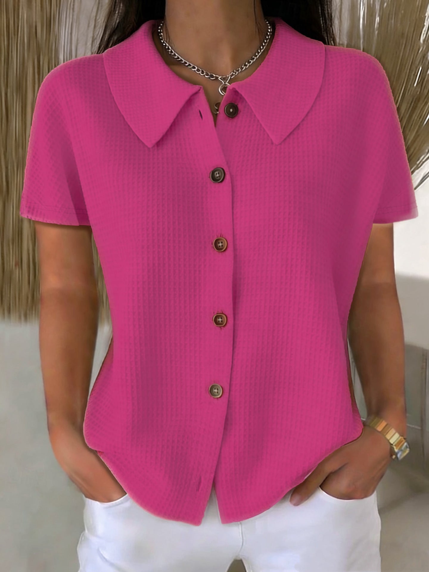Women's Short-Sleeve Blouse with Collar – Waffle Texture, Loose & Summery