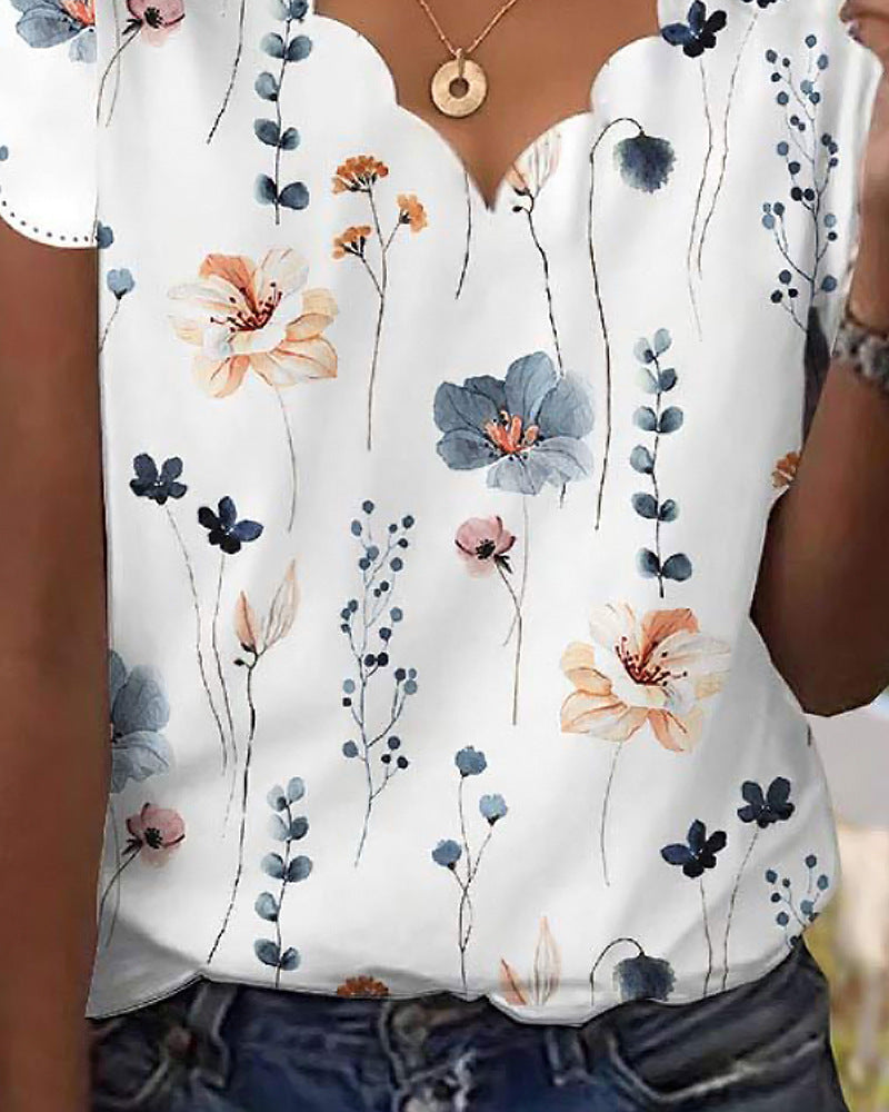 Damen Blumenprint T-Shirt Sommer | Eleganter Muschelkragen