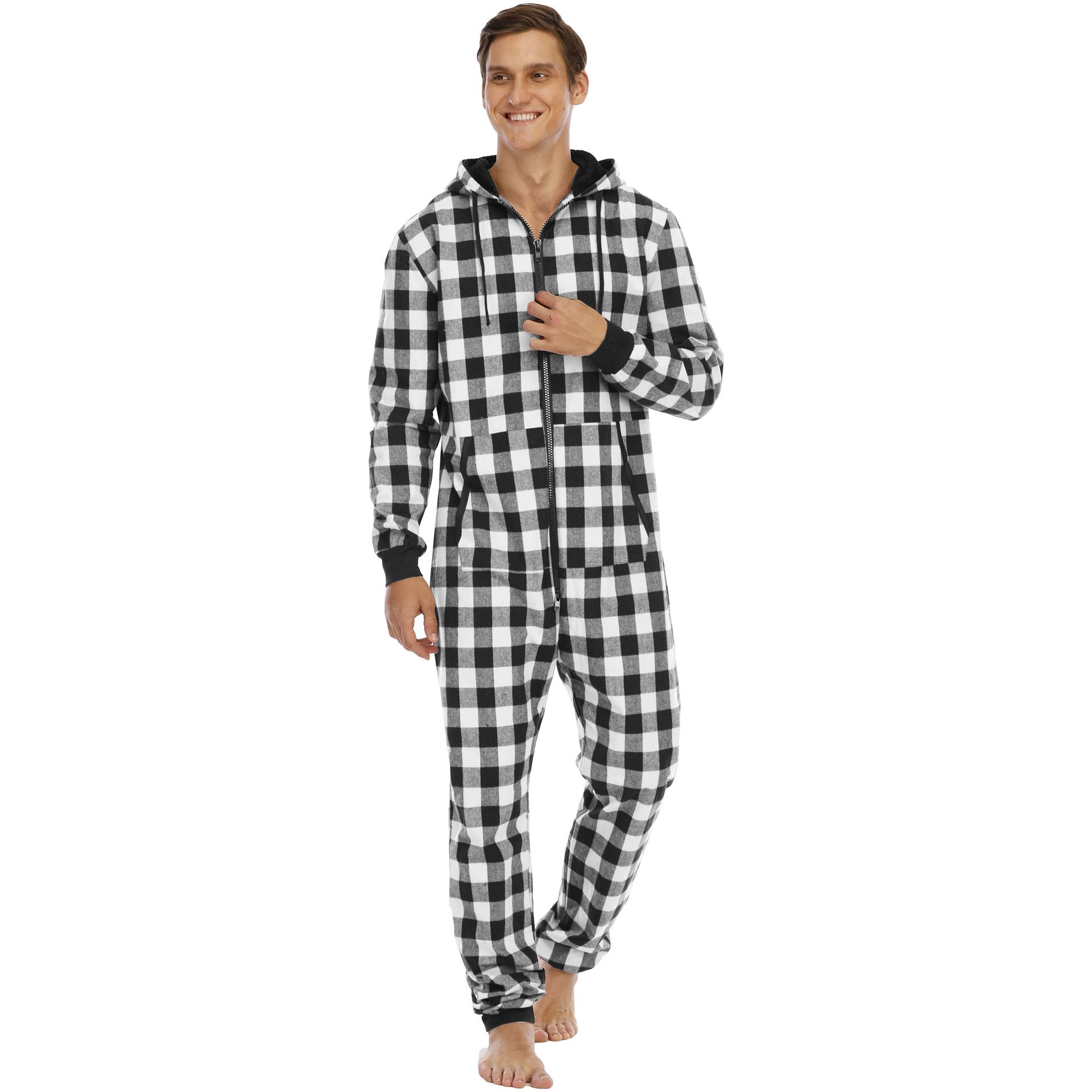 Herren Flanell Overall Pyjama | Kariert Kapuze Warm