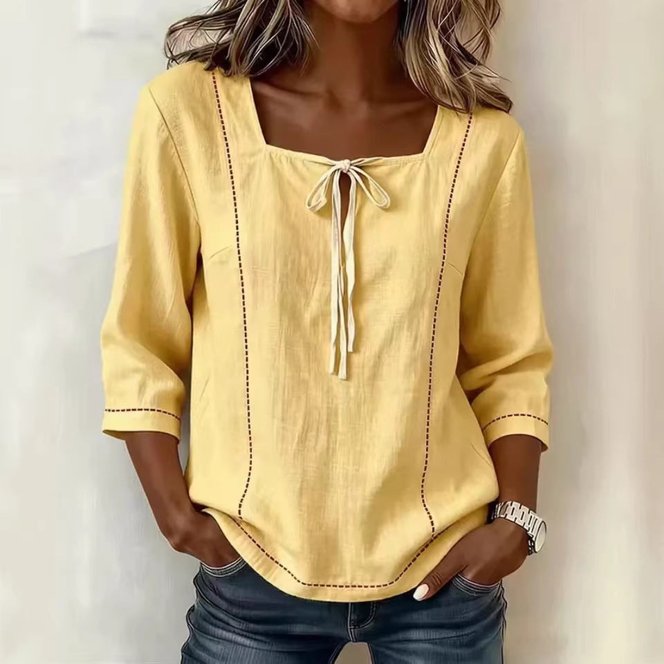 Women's Blouse with Print, Lacing & Square Neckline – Mid-Sleeve