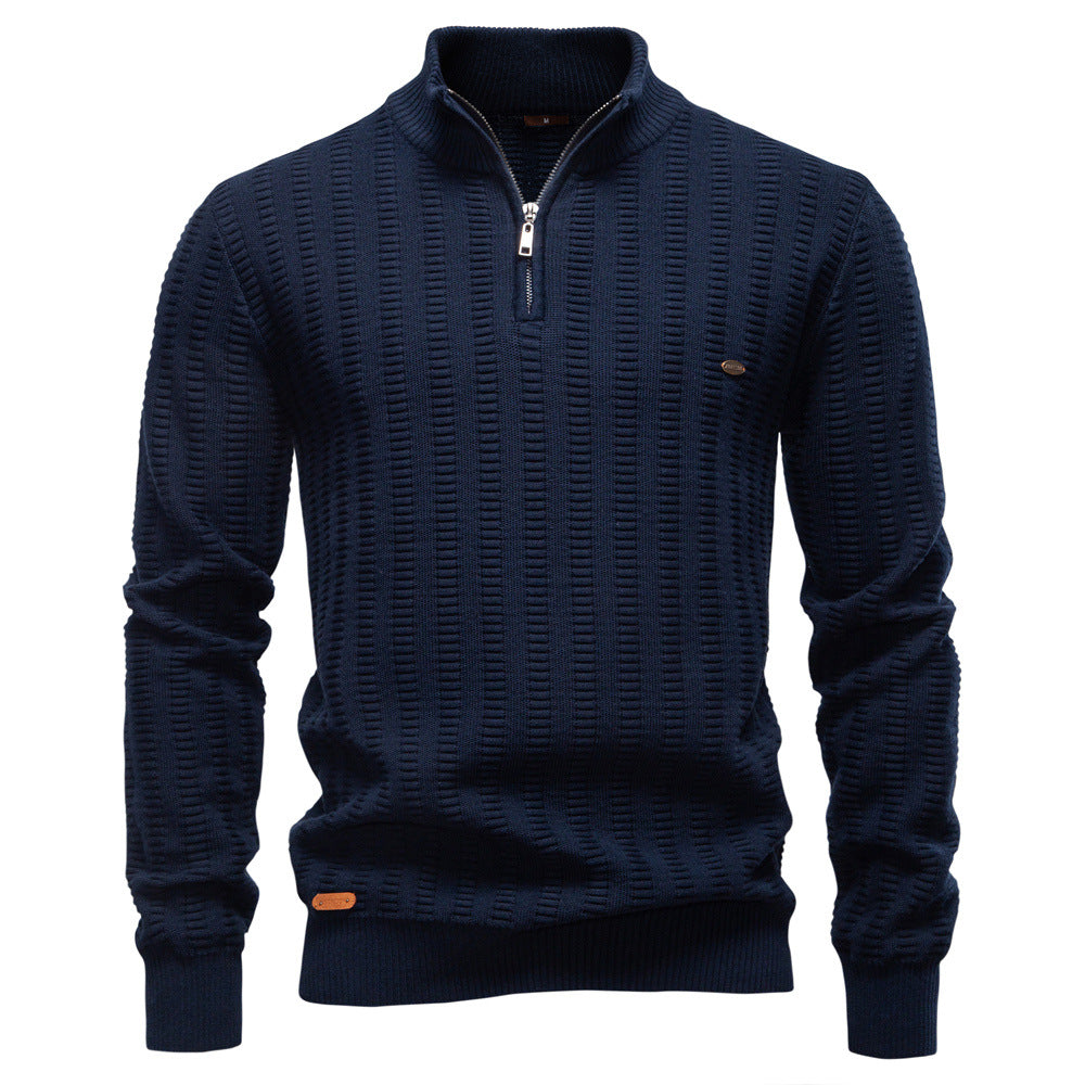 Men's Jacquard Half-Zip Pullover – Stand-Up Collar Stripe Sweater