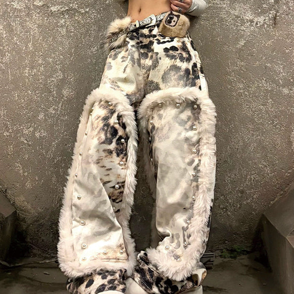 Women's Retro Leopard Print Jeans – Plush Patchwork Denim