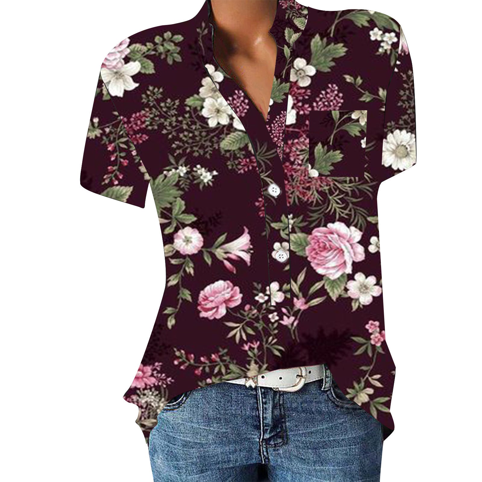 Damen Blumenprint Bluse V-Ausschnitt | Sommer Kurzarm Shirt