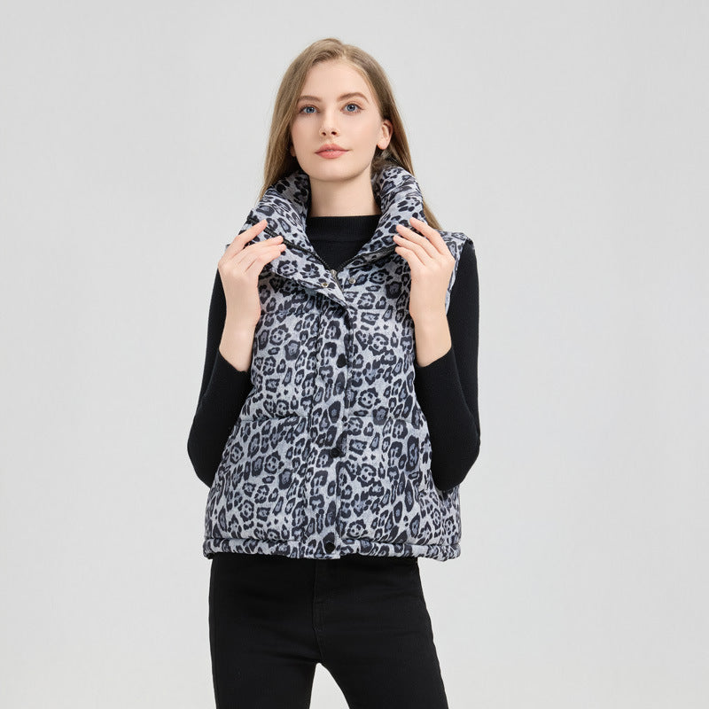 Damen Leoparden Weste | Baumwolle | Eleganter Stehkragen
