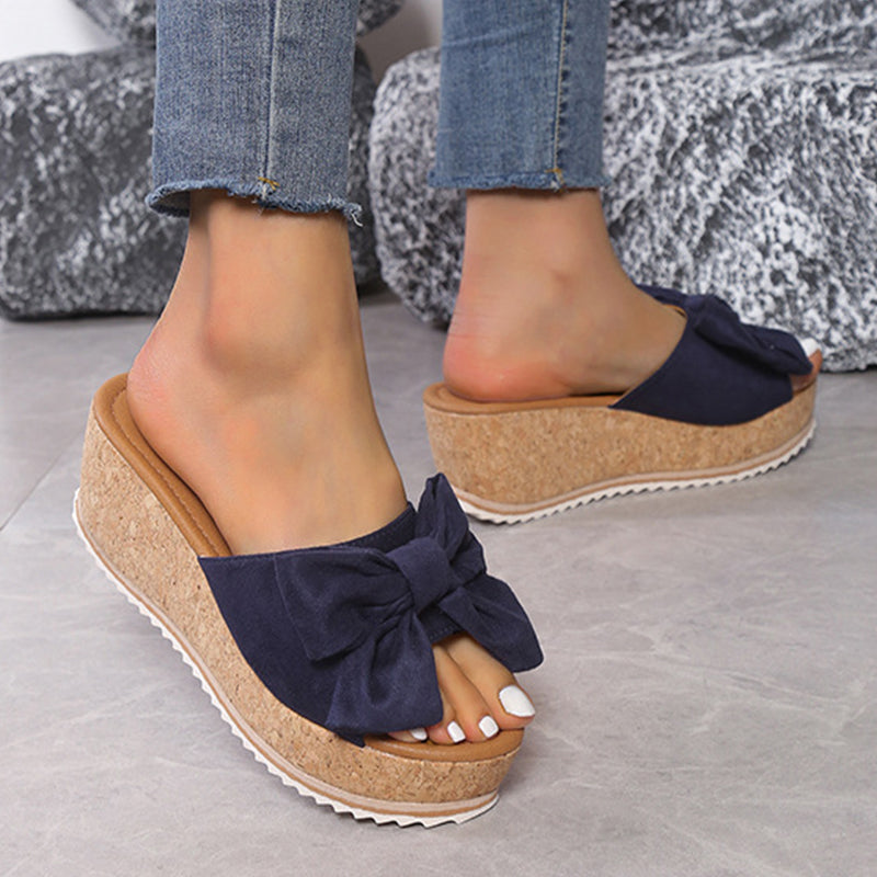 Damen Keil Pantoletten Leo | Schleife Plateau Sommer Schuhe