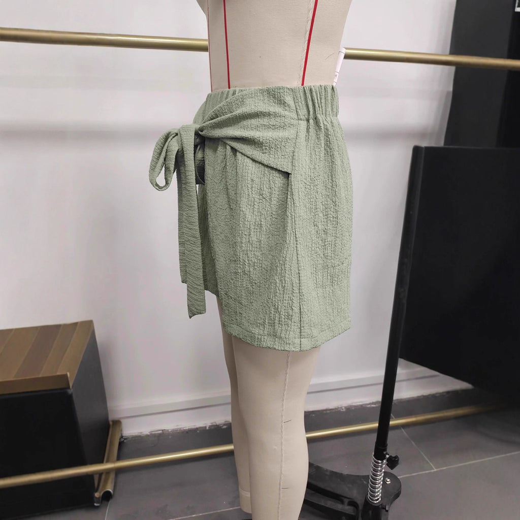 Women's Shorts with Tie Belt Pleats Elastic Elegant Summer
