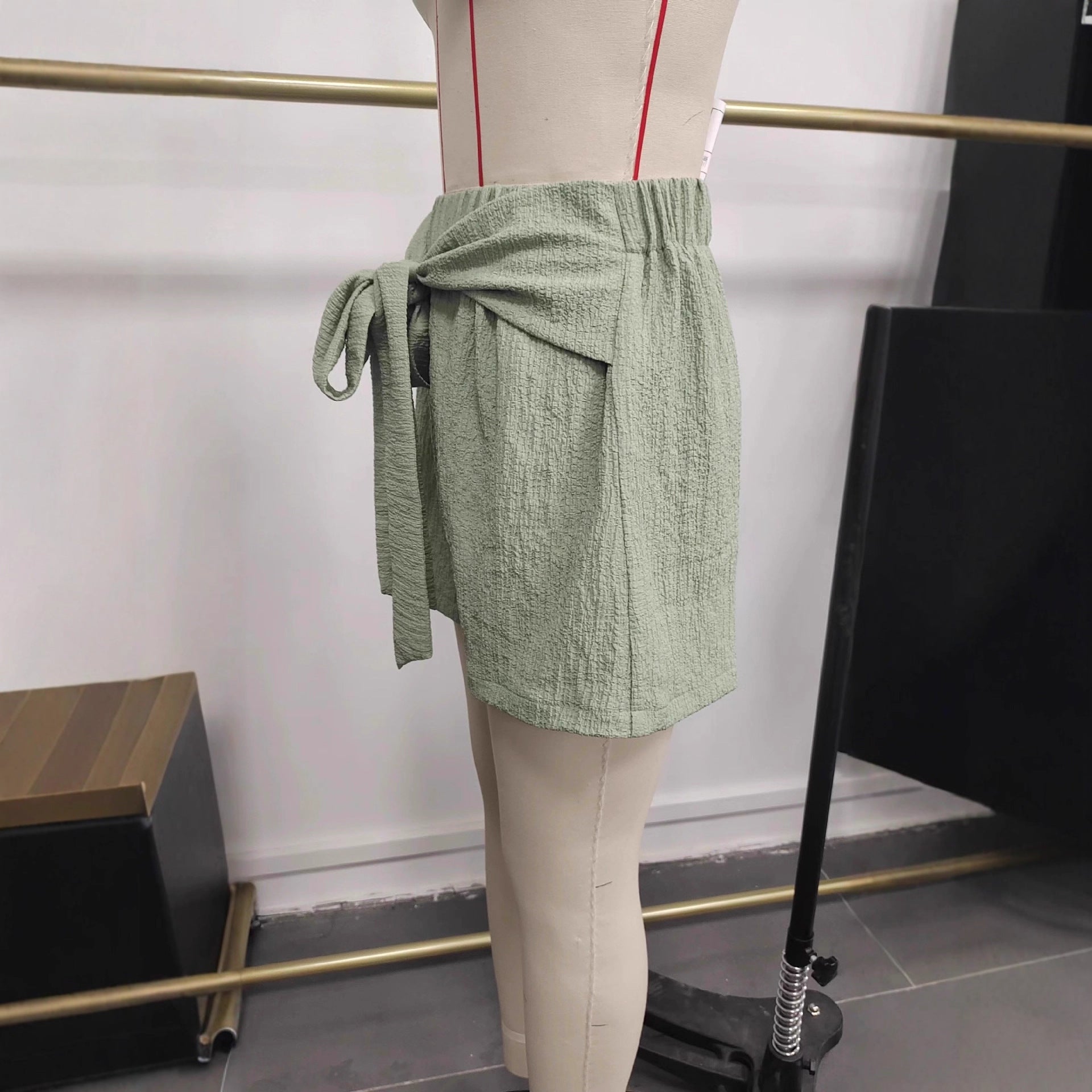 Women's Shorts with Tie Belt Pleats Elastic Elegant Summer