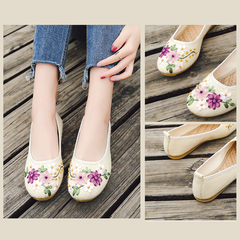 Damen Leinen Ballerinas Ethno Stil | Bestickte Flats