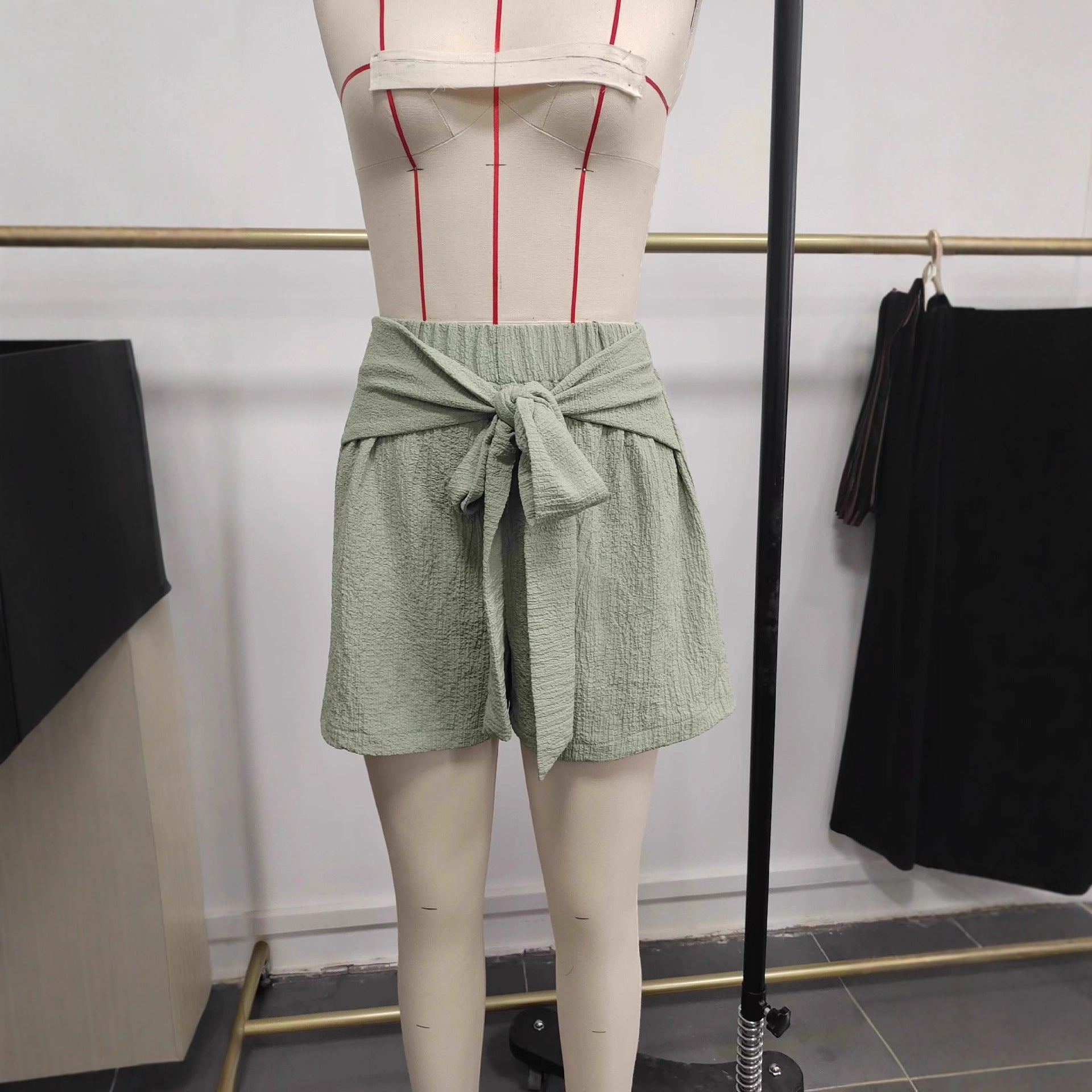 Women's Shorts with Tie Belt Pleats Elastic Elegant Summer