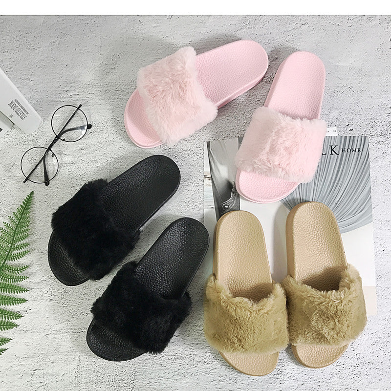 Women's Fur Slippers Korean Style | Fluffy Indoor Sandals