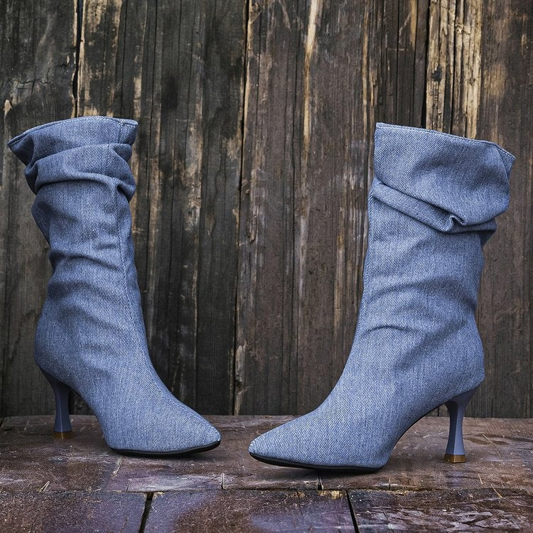 Damen Denim Stiefeletten Spitze Zehen – Retro Stiletto Ankle Boots