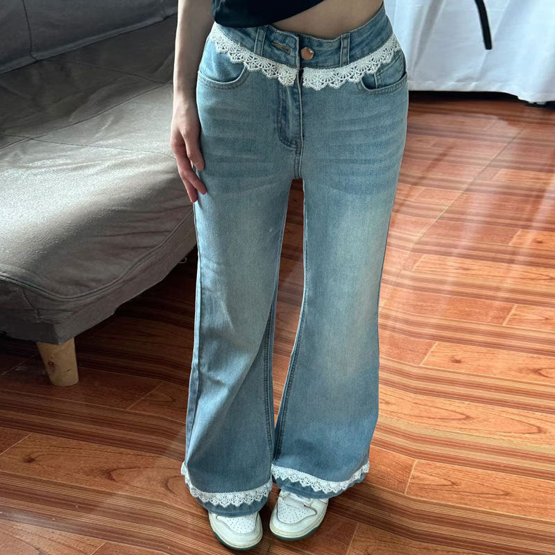 Women's Bell-Bottom Jeans with Lace | Patchwork Flared Denim Pants