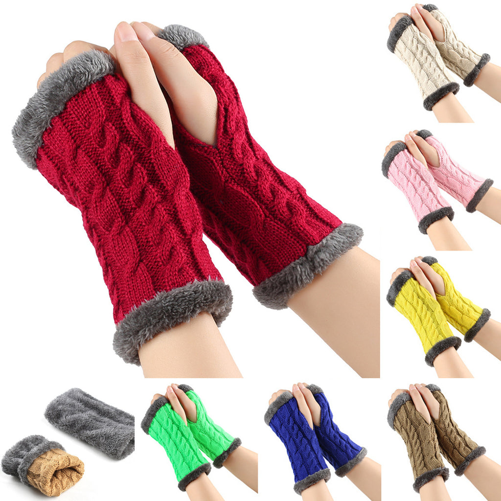 Women's Winter Knitted Fingerless Gloves – Plush Fleece Warm