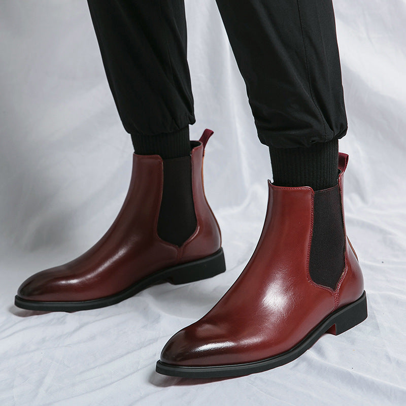 Men's Business High Top Boots Red - Elegant Pointed Leather Ankle Boots