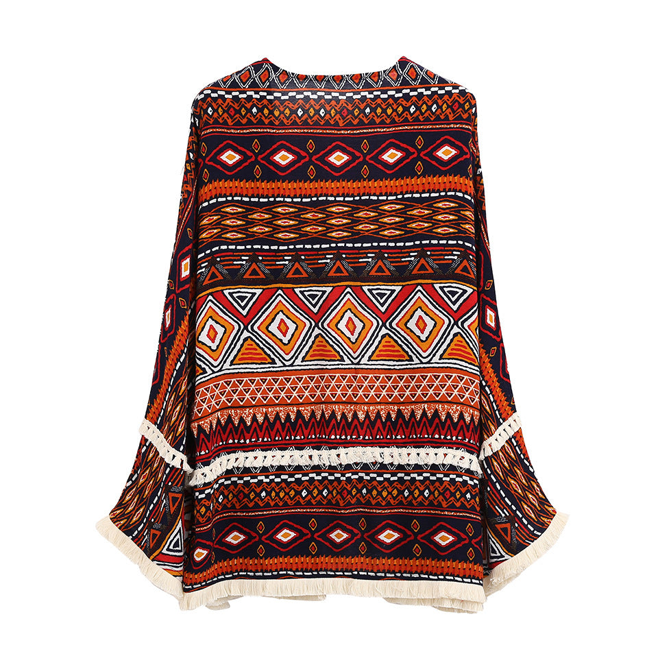 Boho Women's Cardigan Fringe | Vintage Print Kimono Jacket