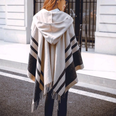 Damen Kapuzen Schal Poncho | Warmer Fransen Winter Umhang