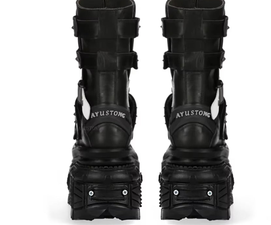 Women's Punk Platform Boots with Studs - Biker Motorcycle Boots