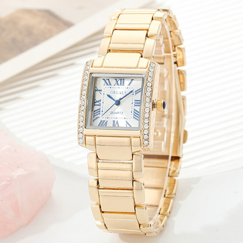 Women's Rectangular Luxury Watch – Roman Numerals & Rhinestones