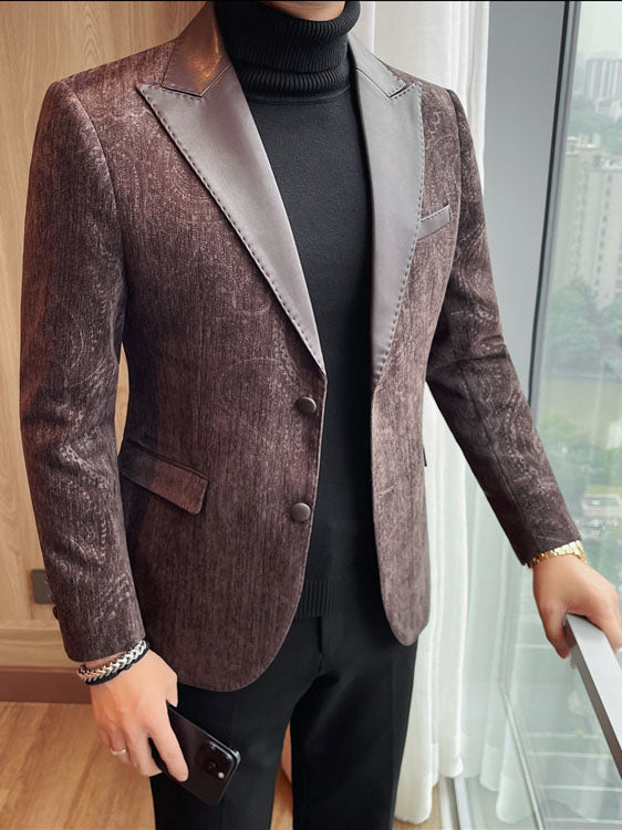 Men's Jacquard Velvet Blazer with Leather Lapels – Luxury Elegant Jacket