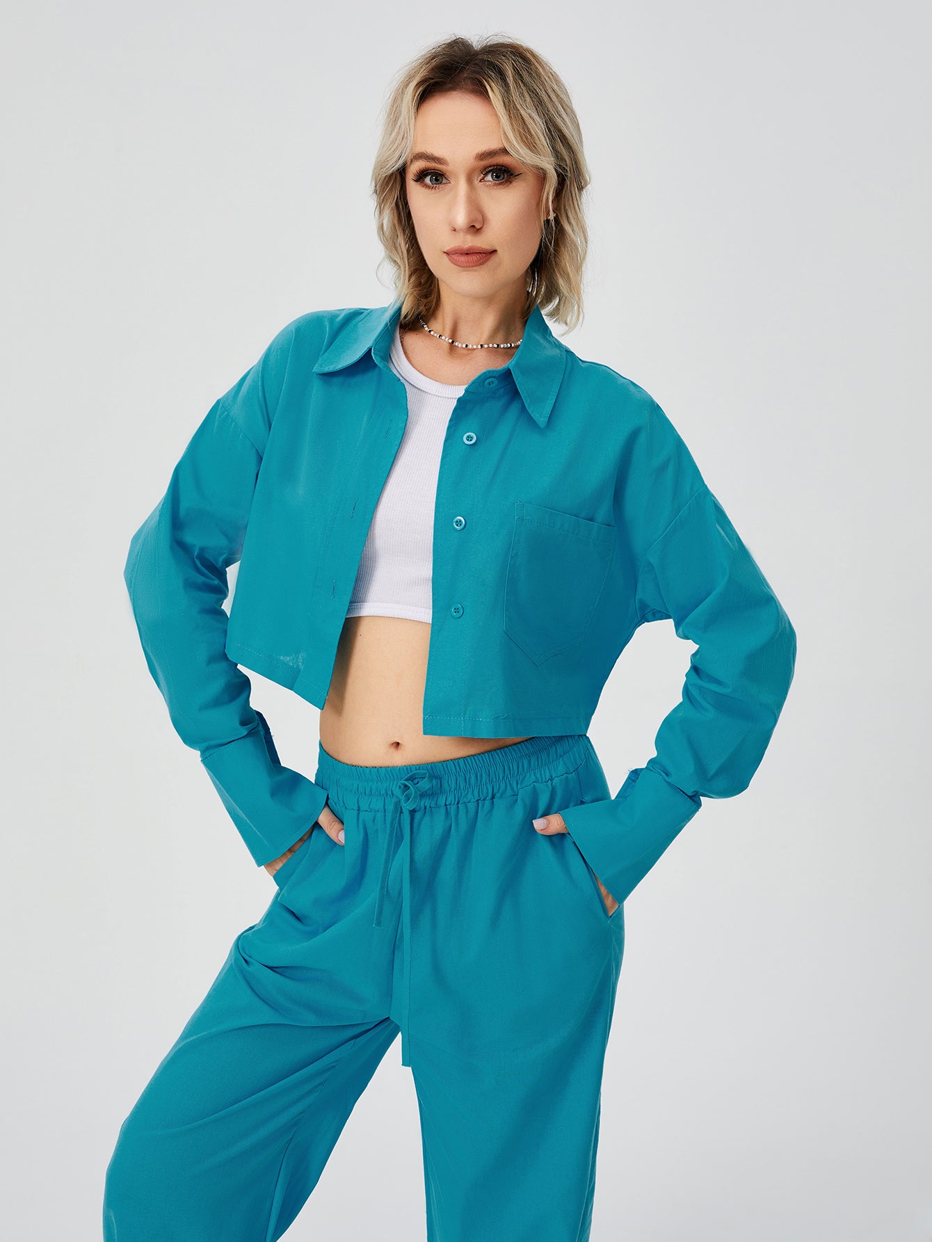 Women's Two-Piece Loungewear Set – Long-Sleeve Shirt & Wide-Leg Pants