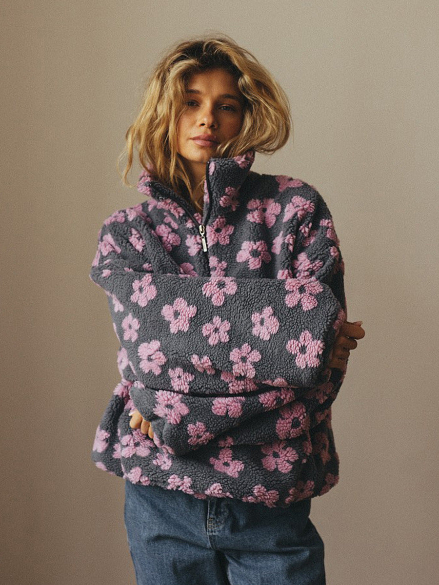 Women's Floral Fleece Pullover | Warm Oversized Look