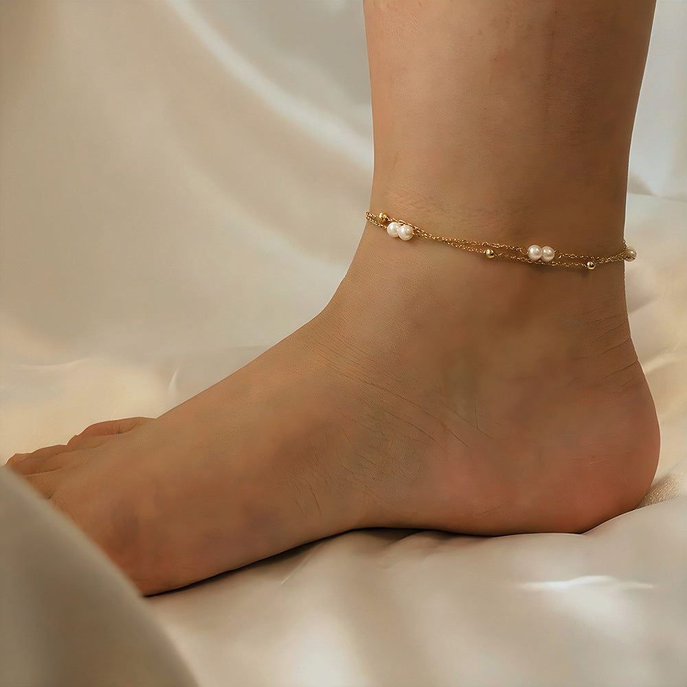 Double-Layered Pearl Anklet – Multi-Strand Women's Anklet in a Creative Boho Design