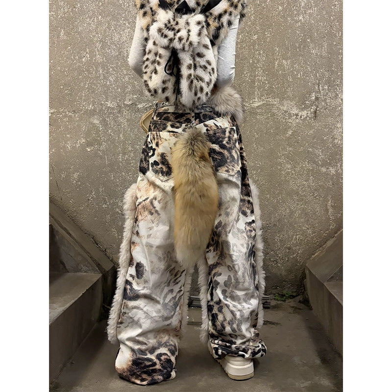 Women's Retro Leopard Print Jeans – Plush Patchwork Denim