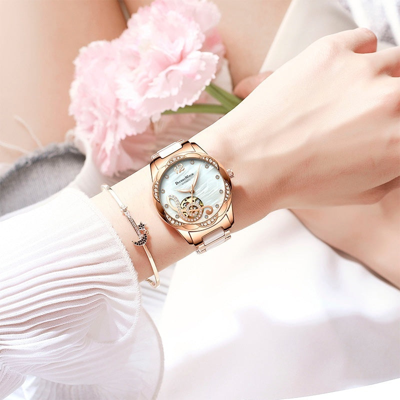 Ladies Automatic Watch Wine Red – Skeleton Design Luxury Wristwatch