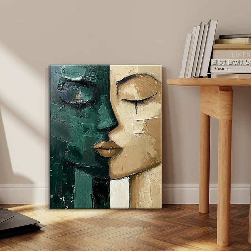 Ölbild Gesicht Grün Beige | Handgemalte Leinwand moderne Wandkunst
