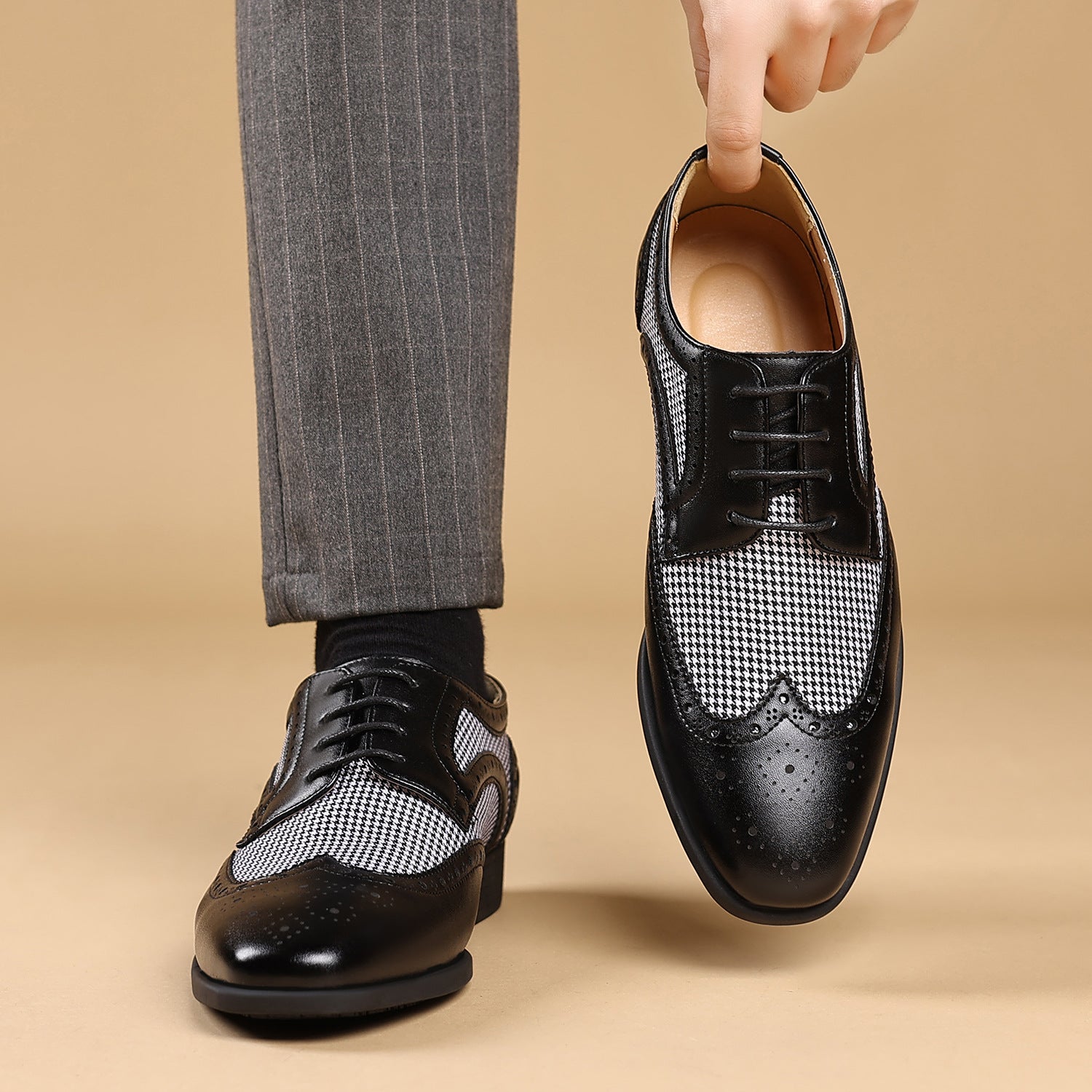Men's Leather Houndstooth Loafers | Elegant Slip-On Shoes