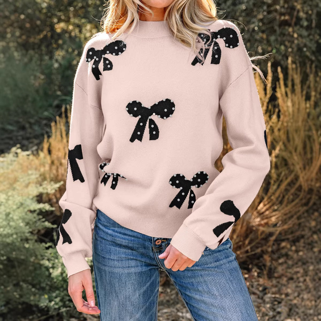 Women's Knitted Sweater with Pearls – Print Crewneck Elegant & Trendy