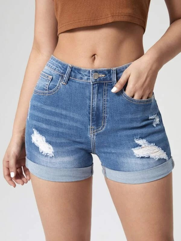Damen High Waist Denim Shorts Stretch ripped Sommer trendig