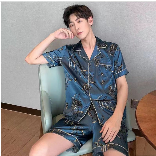 Herren Eis Seide Pyjama | Sommer Schlafanzug Leicht | Set
