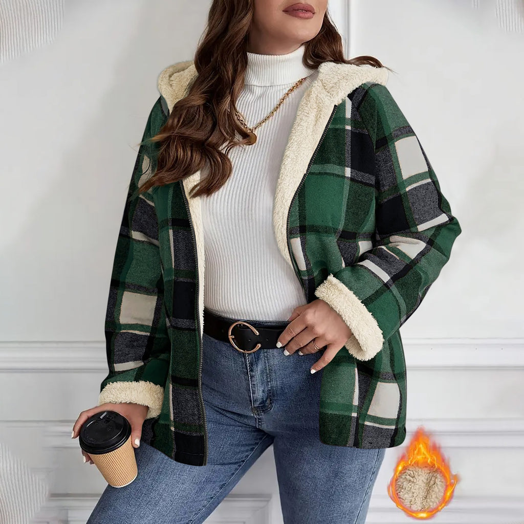 Checkered women's coat with hood | Warm winter jacket