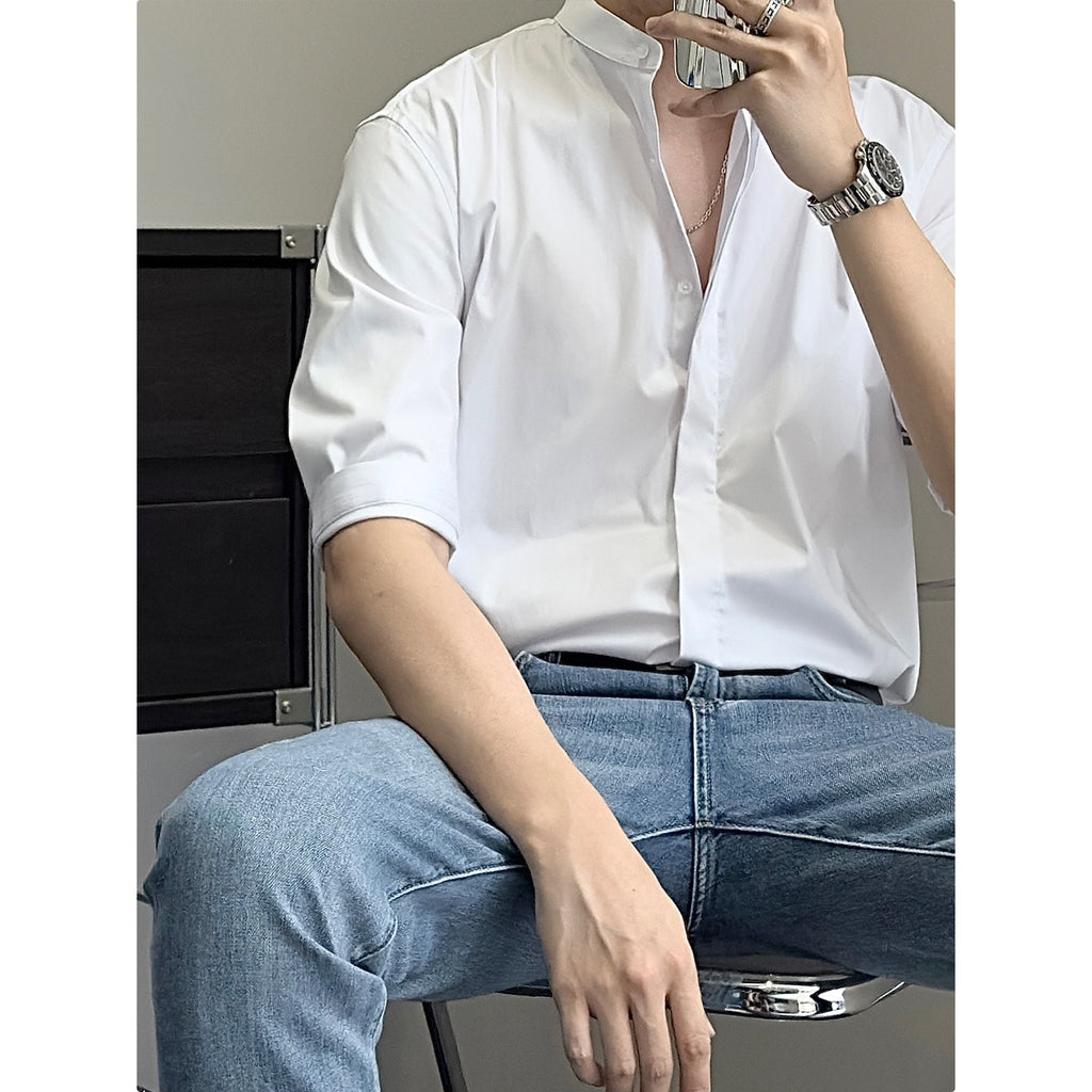 Men's Stand-Up Collar Shirt | Short Sleeve Summer Shirt Modern Elegant