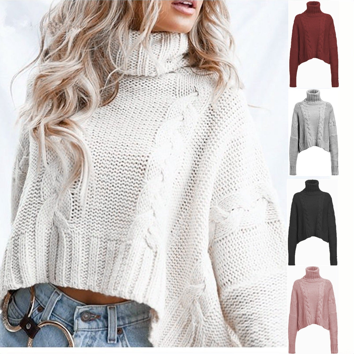 Damen Zopfmuster Rollkragenpullover | Kurzer Winterlook